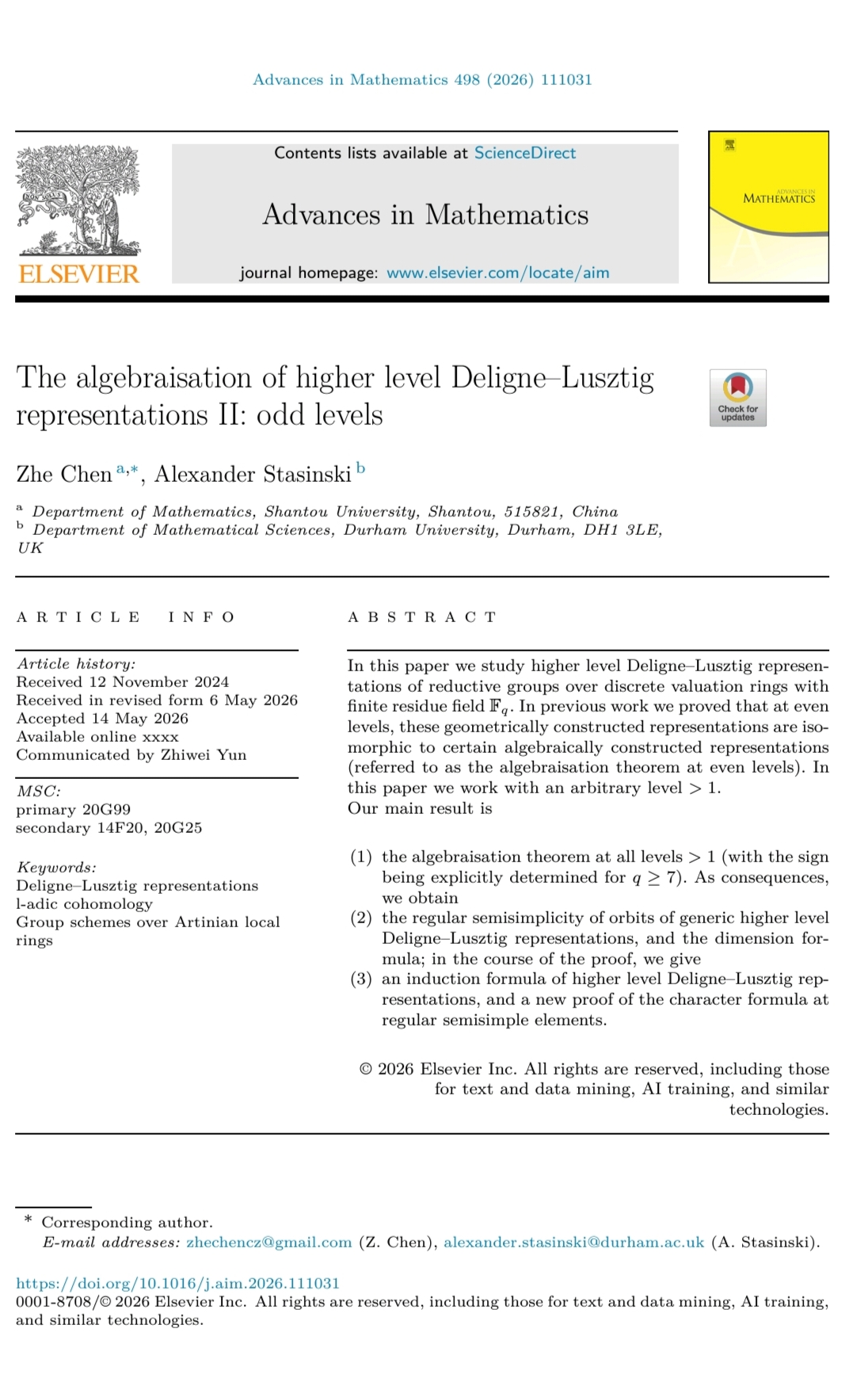 数学系陈哲副教授在国际著名学术期刊《Advances in Mathematics》发表研究论文-汕头大学数学系